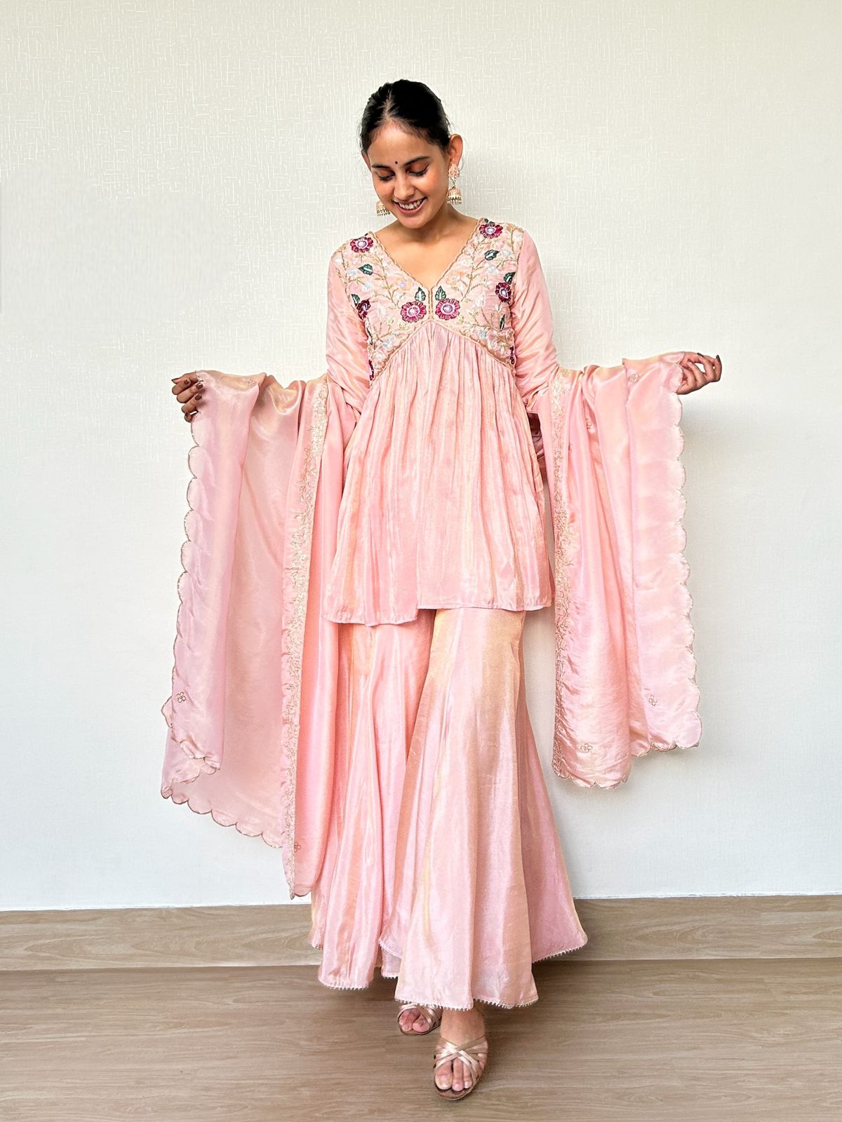 Shimmer Pink Peplum Sharara Suit