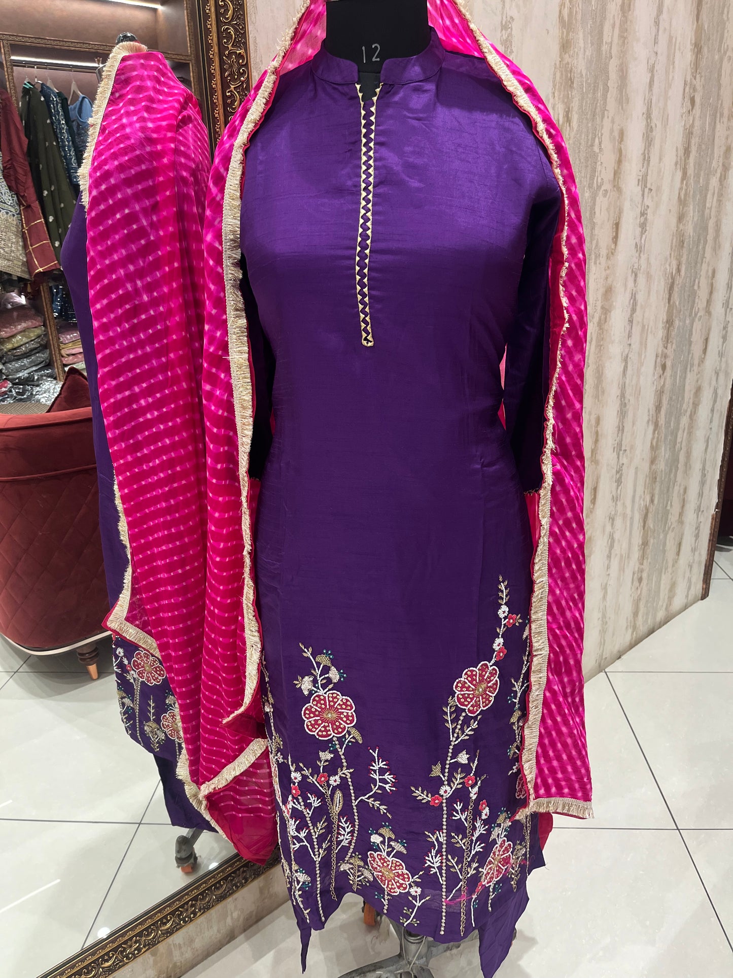 Purple suit bandhej duppatta