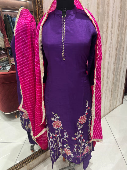 Purple suit bandhej duppatta