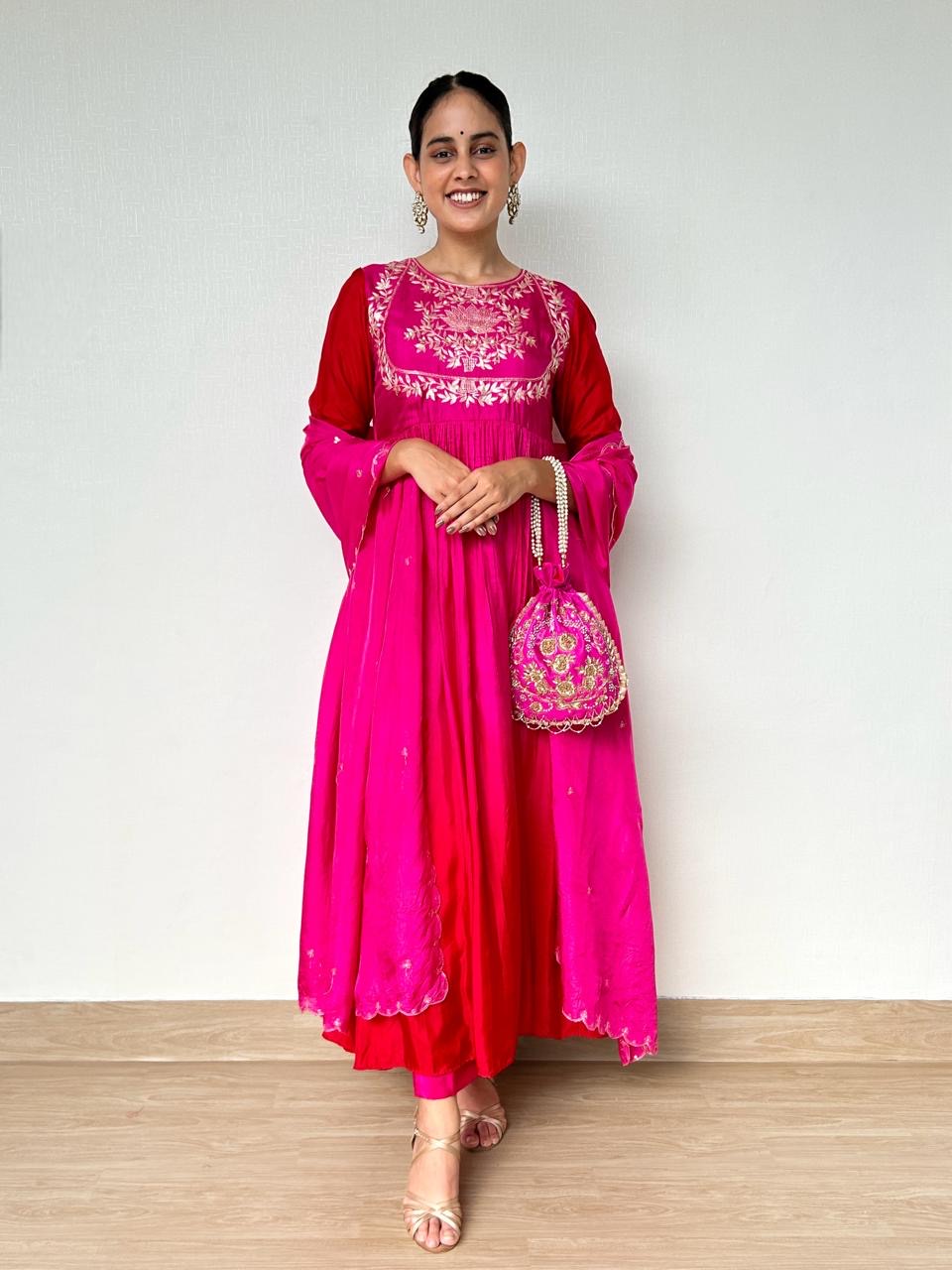 Ombre pink silk anarkali