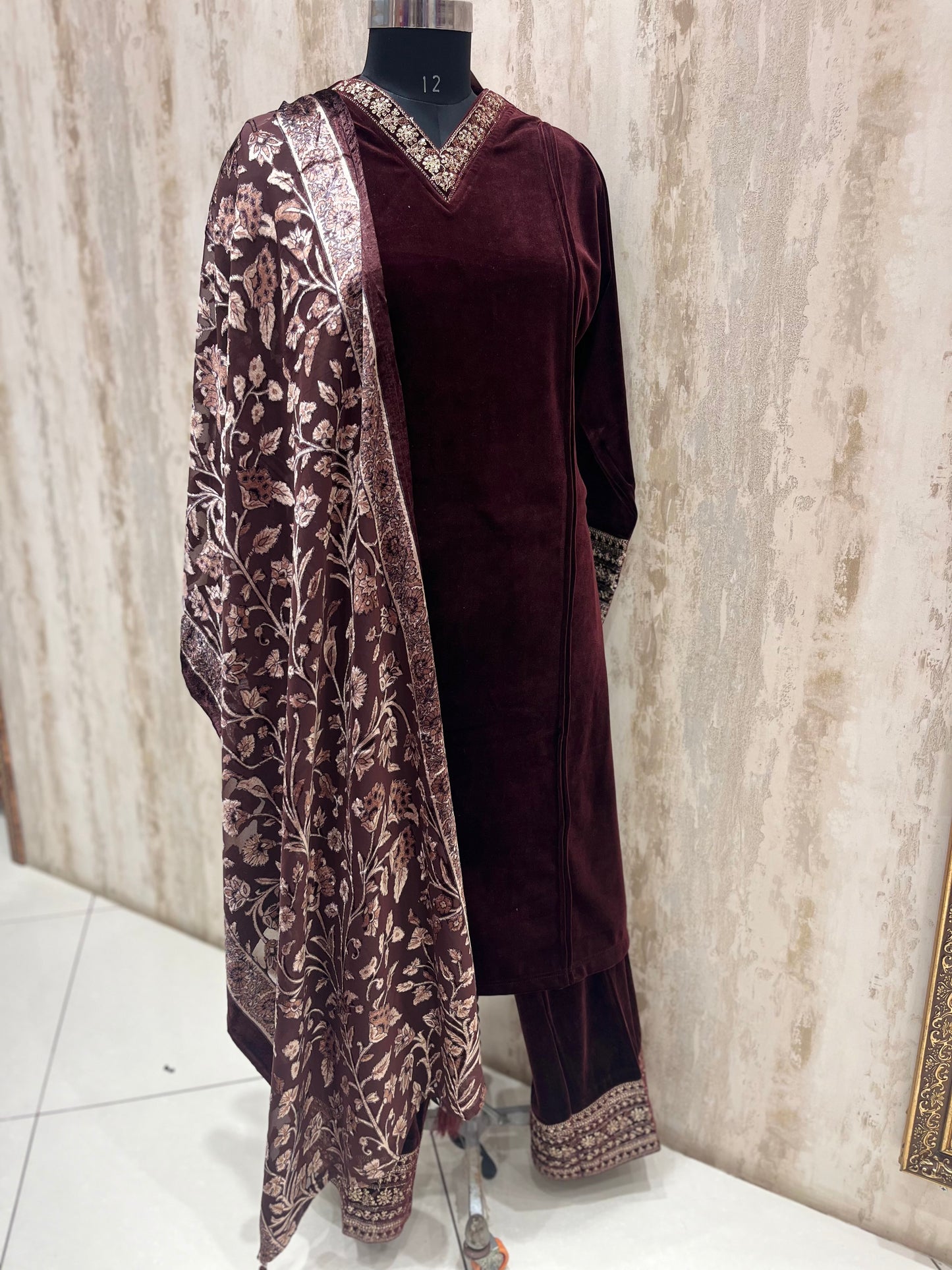 Maroon Velvet V Neck Palazzo woolen suit
