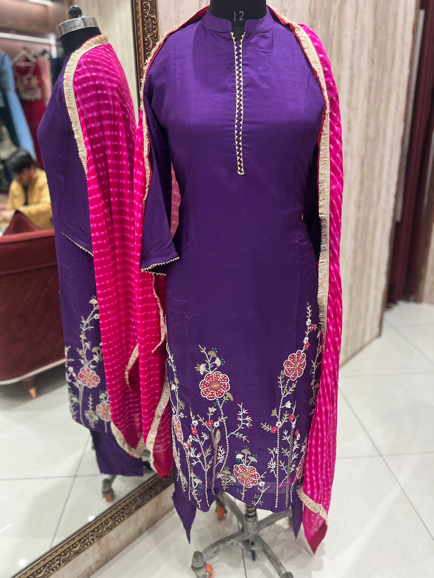 Purple suit bandhej duppatta
