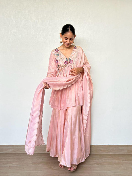 Shimmer Pink Peplum Sharara Suit