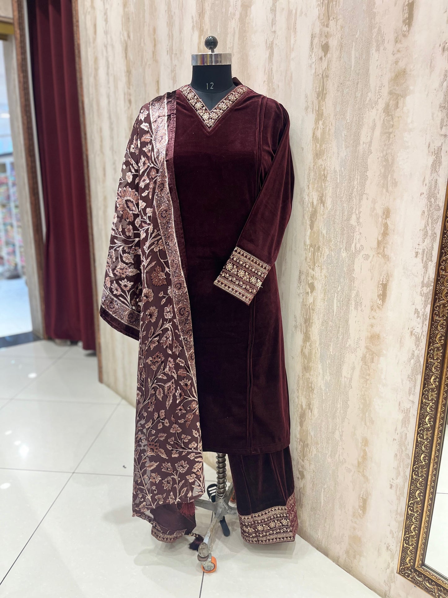 Maroon Velvet V Neck Palazzo woolen suit