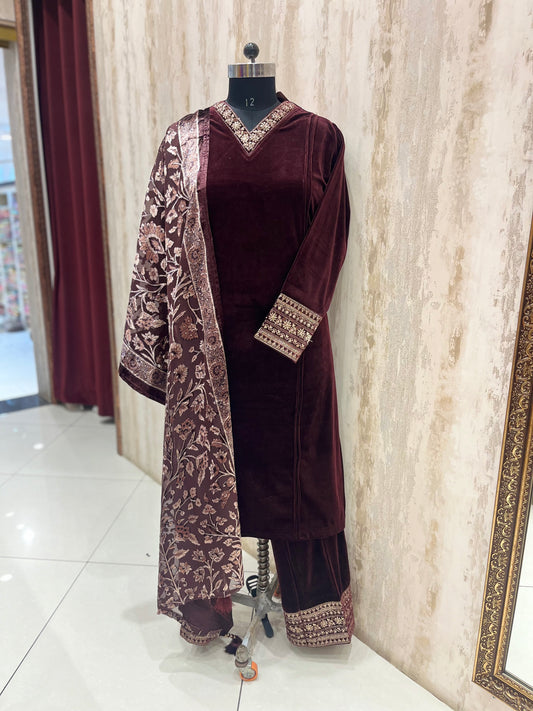 Maroon Velvet V Neck Palazzo woolen suit