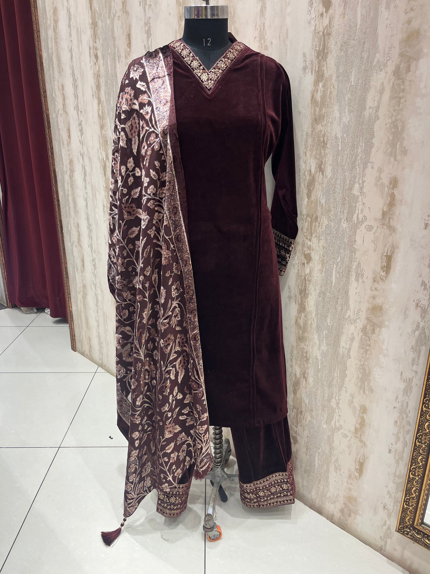 Maroon Velvet V Neck Palazzo woolen suit