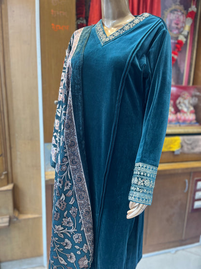 Bottle Green Velvet V neck Palazzo Suit
