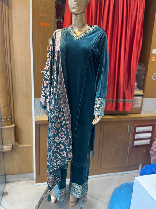 Bottle Green Velvet V neck Palazzo Suit