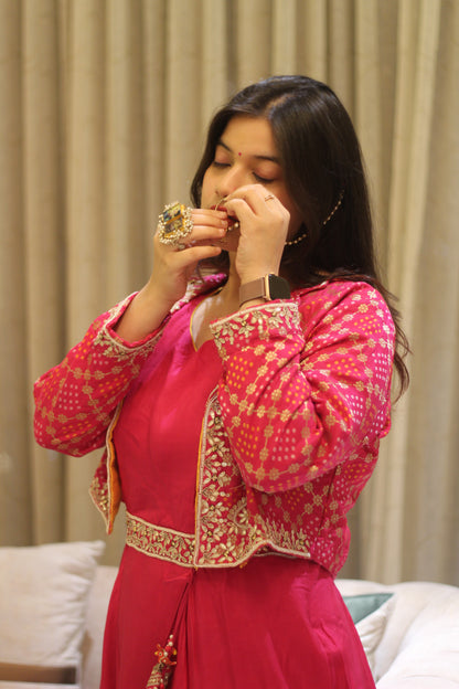 Pink Hand Embroidered One Piece with Banarsi Jacket
