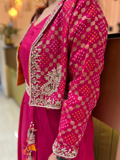 Pink Hand Embroidered One Piece with Banarsi Jacket