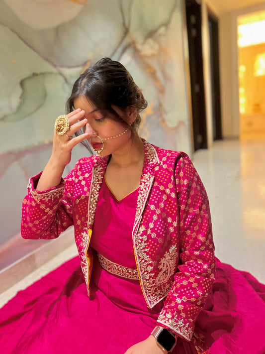 Pink Hand Embroidered One Piece with Banarsi Jacket