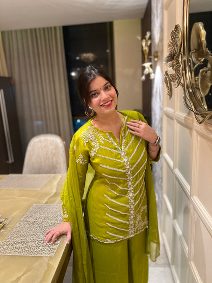 Inara Green Pearl Embellished Three Piece Set