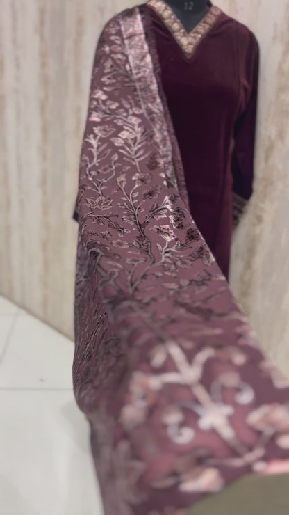 Maroon Velvet V Neck Palazzo woolen suit